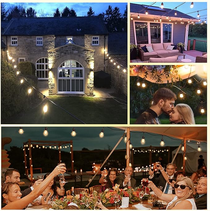 48FT Outdoor String Lights LED Heavy-Duty Waterproof Patio Lights with 16 Shatterproof Plastic 2200K Warm White Bulbs for Patio Gazebo Pergola Cafe Market Bistro