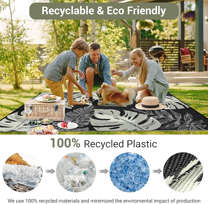 GAOMON Waterproof 8x10 Outdoor Rug Reversible Plastic Straw Rug Modern Patio Carpet, Foldable Lightweight RV Camping Mat with Portable Bag & 4 Stakes, UV Resistant & Sturdy for Picnic, Beige