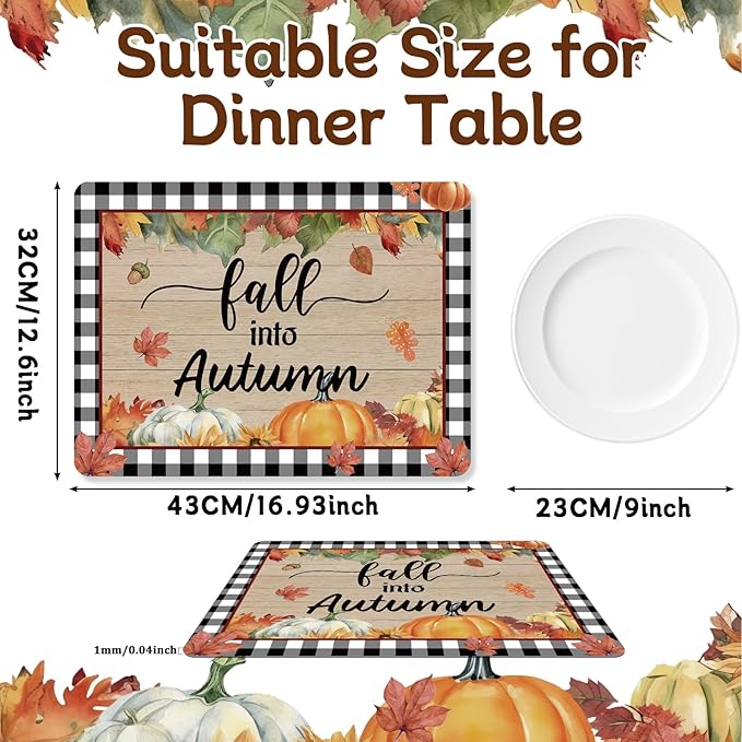Fall Placemats Set of 6 Buffalo Plaid Thanksgiving Plastic Table Mats Autumn Vintage Maple Leaf Place Mats Pumpkins Truck Leaves Fall Table Decoration for Indoor Outdoor Party Kitchen Dining