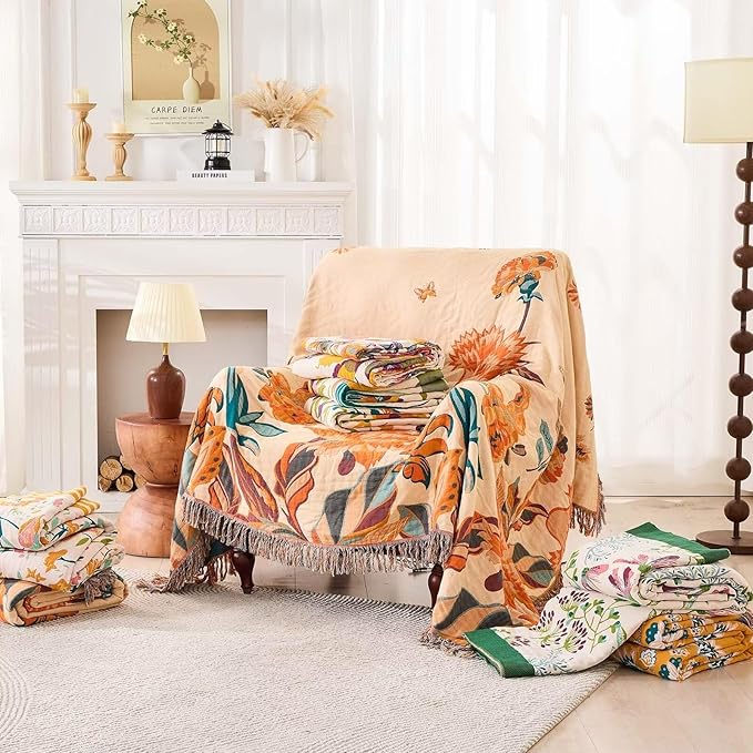 Boho Throw Blanket for Bed, 100% Cotton Soft Rustic Quilt Fall Blanket, 80" 90" Floral Printed Farmhouse Decor Bed Blankets, All Season Rustic Reversible Bohemian Throw Quilt