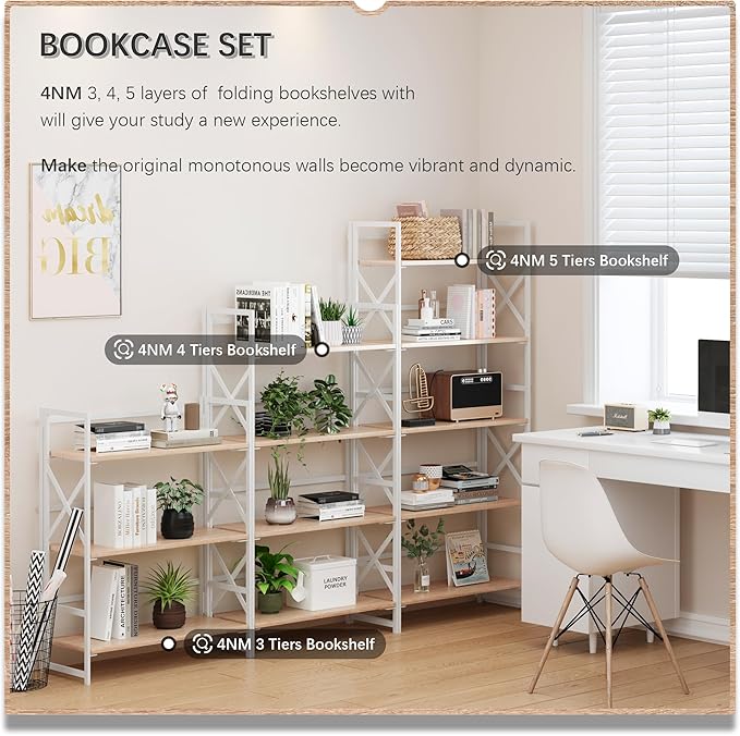 4NM 5 Tiers No Assembly Book Shelves, 51.2" H Folding Bookshelf Bookcase Open Industrial Foldable Shelves for Bedroom, Living Room, Home Office - Natural White