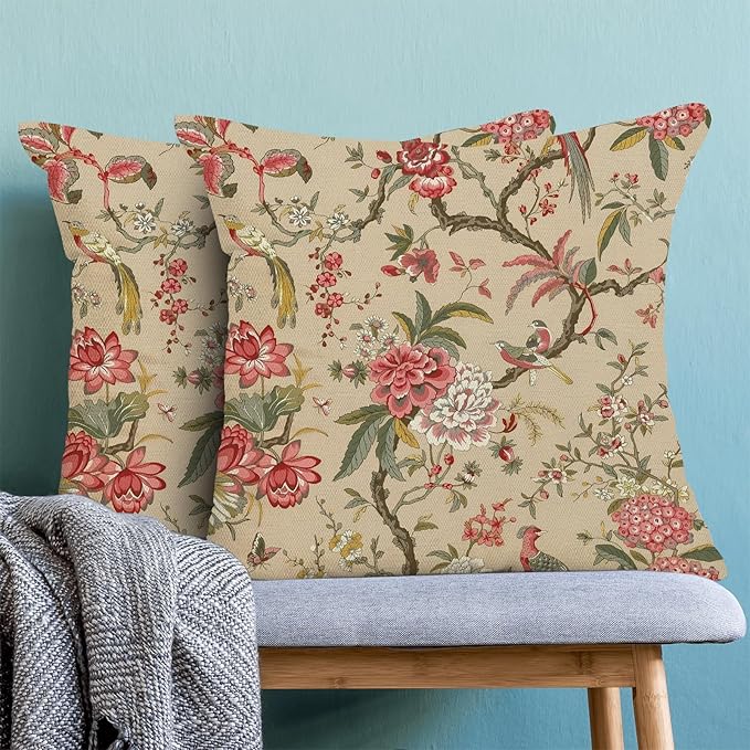 CXMEIFLY Spring Floral Birds Pillow Covers 16 x 16 Inch Set of 2 for Chinoiserie Flowers Decor Throw Pillows Pink Red Plant Outdoor Decorative Cushion Cases for Couch Bed Decorations