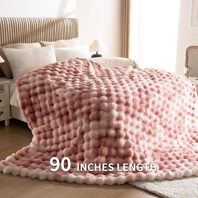 Cozy Faux Fur Throw Blanket for Couch-Warm Fuzzy Throw Blanket, Soft Plush Thick Bubble Blankets for Bedroom and Living Room, Furry Luxury Blanket, 90 x 90, Tie-Dye Pink