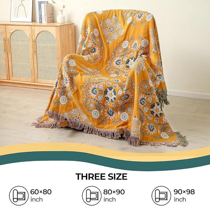 Boho Throw Blanket for Bed,100% Cotton Ultra Soft Lightweight Muslin 4-Layer Breathable Woven Throws 90''x 98'' Blanket Yellow Floral Printed Farmhouse Decor Bed Blankets