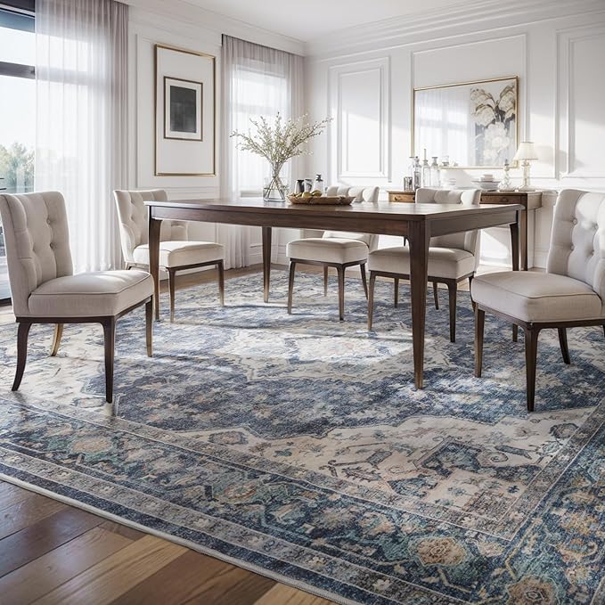 AMOAMI-Area Rug 9X12 Rugs for Living Room-Vintage Soft Blue Rugs for Bedroom-Non Slip Carpet-Washable Rug for Dining Room Living Room Bedroom Office Under Table