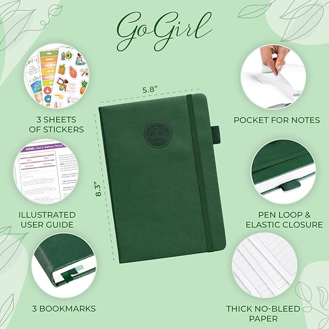 GoGirl Food Journal & Wellness Planner –– Diet & Fitness Diary – Nutrition Journal with Meal, Exercise & Weigh Loss Tracker, A5 (Forest Green)