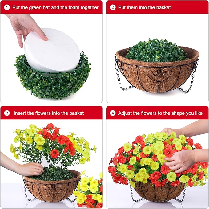 Artificial Fall Flowers Fake Hanging Plants Flowers Basket for Outdoors Autumn Decoration, Silk Morning Glory with Eucalyptus Look Real UV Resistant Faux Flowers for Outside Porch Patio Balcony, Mix