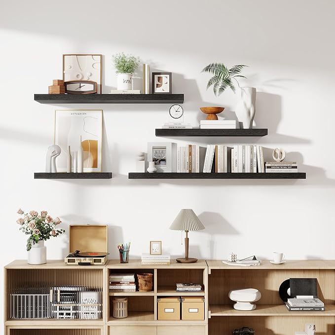 36 Inch Floating Shelves, 12 Inch Deep Floating Shelves for Wall, Floating Shelf with Invisible Brackets, Deep Shelves for Bathroom, Bedroom, Living Room, 2 Pack, Black