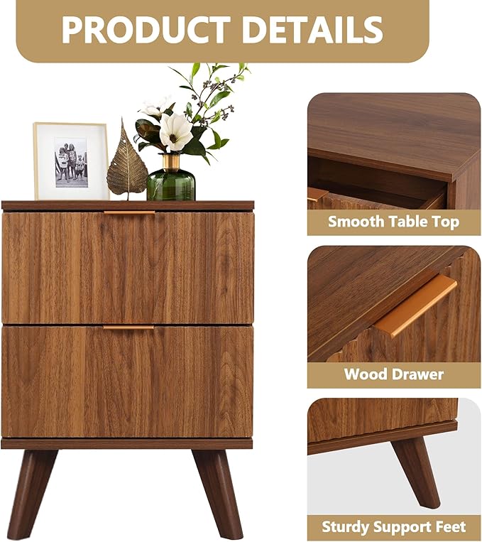Fluted Nightstand, Mid Century Modern 2 Drawer Bedside Table for Bedroom, Small Dresser Night Stand Side End Table with Wood Fluted Drawer Storage for Bedroom Closet(Walnut)