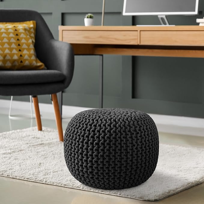 Casafield Round Pouf Ottoman, Black - 20" Diameter x 14.5" High Cotton Knit Foot Stool - Boho Floor Pouffe for Living Room, Bedroom, Home Office