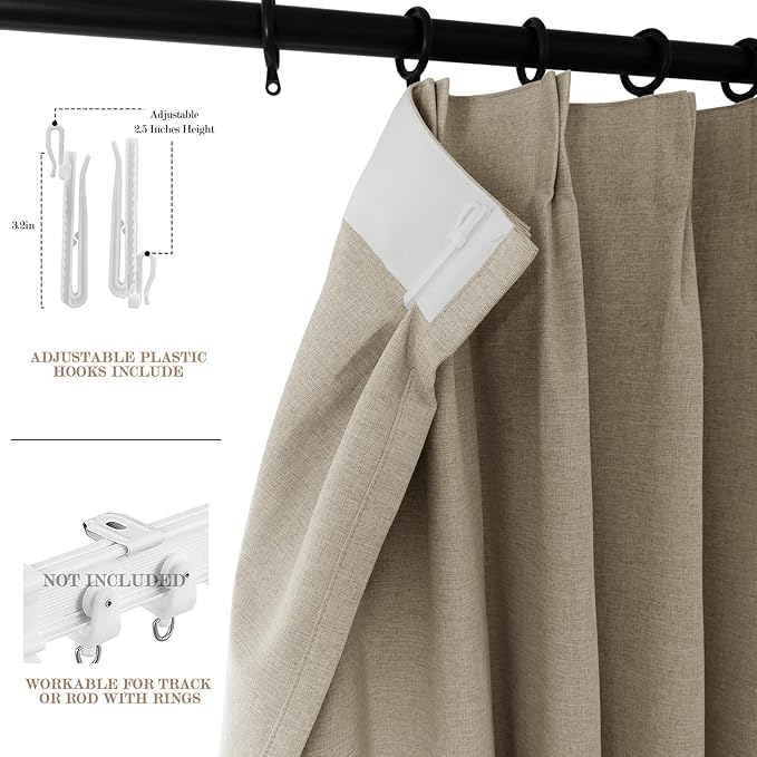 120" Wx108 L Linen Room Divider Drapes for Doorway/Glass Window/Sliding Door/Patio, Extra Wide Pinch Pleated Full Blackout Curtains for Girls Boys Teen Kids Room, 1 Panel, Light Khaki