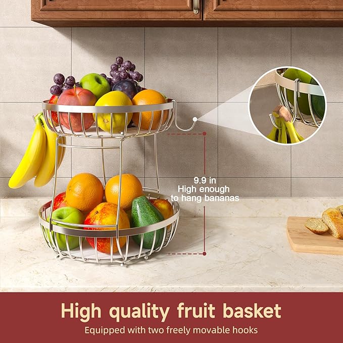 2 Tier Fruit Basket for Kitchen Counter with 2 Banana Hangers, Metal Stackable Fruit Bowl for Kitchen Counter for Bread Vegetable Fruits, Silvery