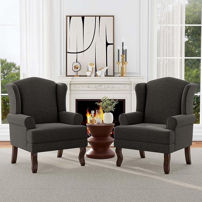 Accent Chair, High Back Upholstered Armchair with High Resilience Sponge & Wood Legs, Mid-Century Modern Comfy Single Sofa Reading Chairs for Living Room, Bedroom (Dark Grey, Set of 1)