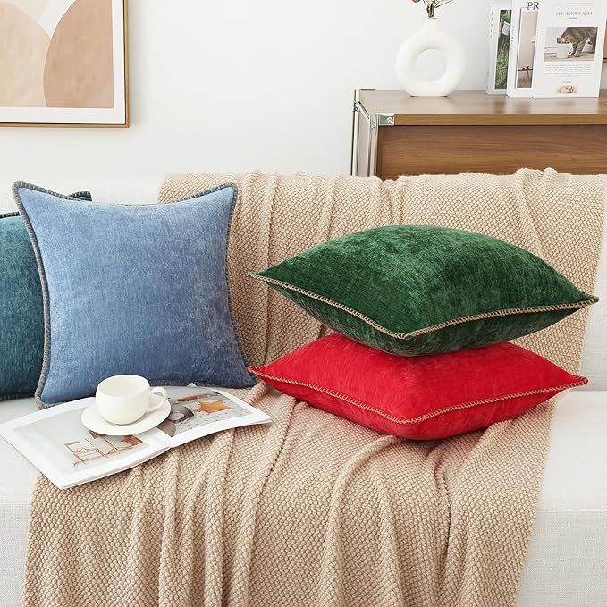 decorUhome Chenille Soft Throw Pillow Covers 24x24 Set of 2, Farmhouse Velvet Neutral Decorative Euro Pillow Covers with Stitched Edge for Couch Sofa Bed Home Decor, Blue