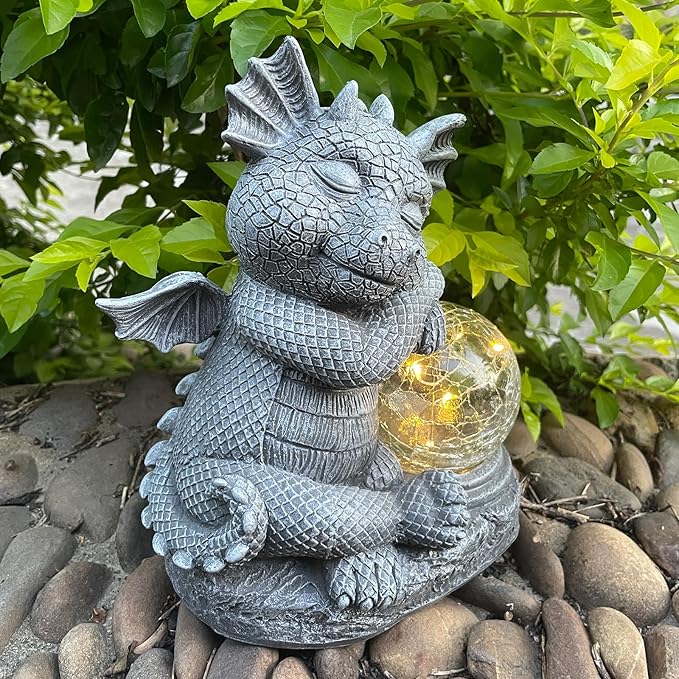 Garden Dragon Figurine Solar Powered Outdoor Cute Dragon with Hold Glowing Glass Ball Resin Sculpture for Porch Patio Lawn Farm Yard Home Decoration Gift for Women Housewarming