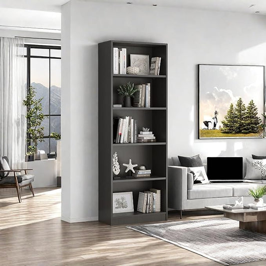 Bookshelf, Open Modern Bookshelf, 5 Shelf Bookcase with Freestanding Display Storage, Wooden Book Shelf for Bedroom, Living Room, Dinning Room, Office, Dray