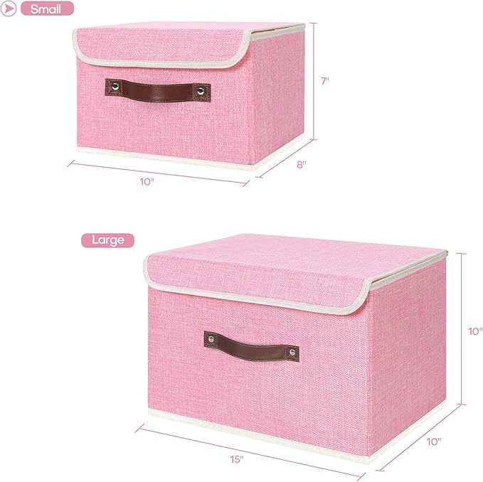 ANMINY 2PCS Storage Bins with Lid PU Leather Handles Storage Boxes PP Plastic Board Decorative Foldable Lidded Cotton Linen Fabric Home Cubes Baskets Closet Organizer Containers - Pink, Small Size