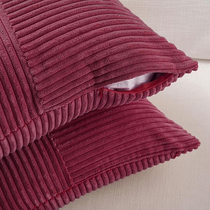 Fancy Homi 2 Packs Burgundy Long Lumbar Decorative Throw Pillow Covers 16x24 Inch for Couch Bed Sofa, Rustic Farmhouse Boho Home Decor, Soft Striped Corduroy Rectangle Accent Cushion Case 40x60 cm