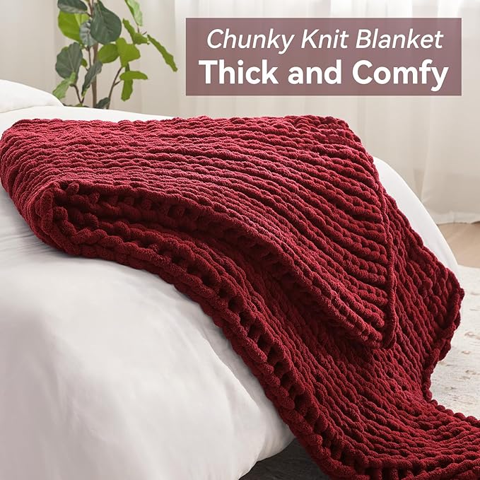 Chunky Knit Throw Blanket, 60''*80'' Knitted Throw Chenille Yarn for Bed Couch, Handmade Red Crochet Big Thick Blanket, Machine Washable Cute Comfy Blanket for Home Decor