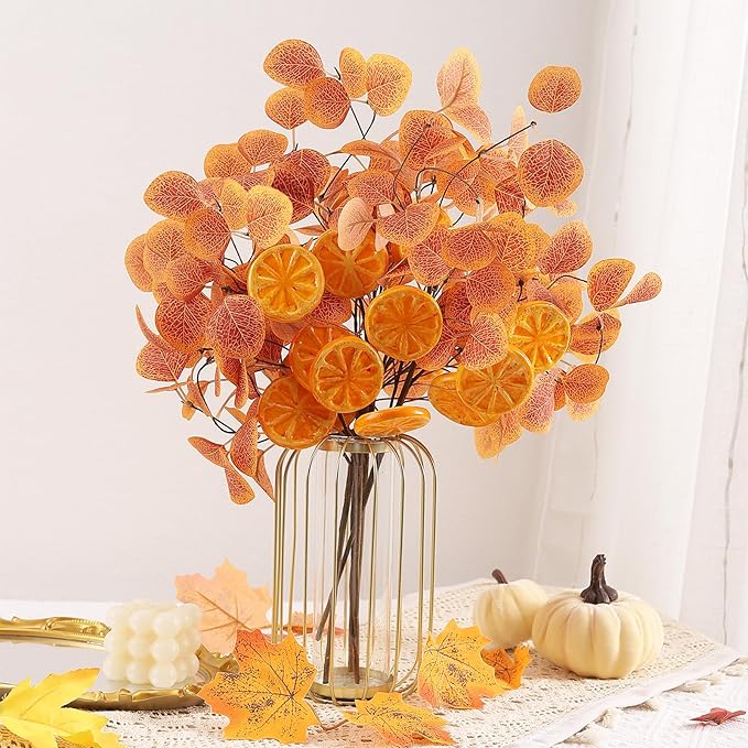 Eucalyptus Stems, 4PCS Artificial Lemon Stems Faux Citrus Branches Plastic Decor for Kitchen, Table Centerpieces, Entryway, Thanksgiving Wedding Party (Orange)