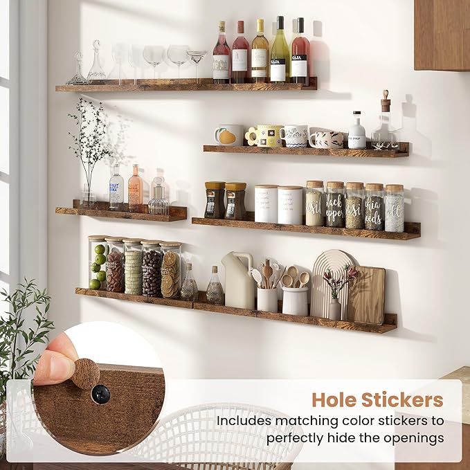 Fun Memories Picture Ledge Shelves Set of 2, 36 Inch Rustic Wall Mounted Floating Shelves with Lip for Home Storage and Décor in Bathroom, Kitchen, Nursery, Bedroom, Living Room, Brown