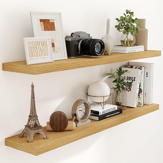 55 Inch Floating Shelves Set of 2, Rustic 55 x 9 Floating Shelf for Wall, 9 Inch Deep Wall Shelves Invisible Bracket, Large Deep Shelving for Bedroom, Kicten, Living Room, Oak Color
