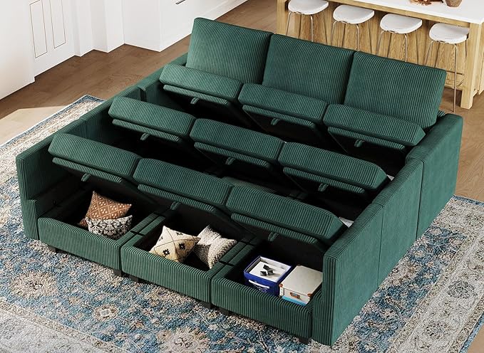 Belffin Corduroy Modular Sectional Sofa 9 Seat Convertible Sectional Sleeper Sofa Bed with Storage Ottomans Modular Sectional Couch Bed for Living Room Green