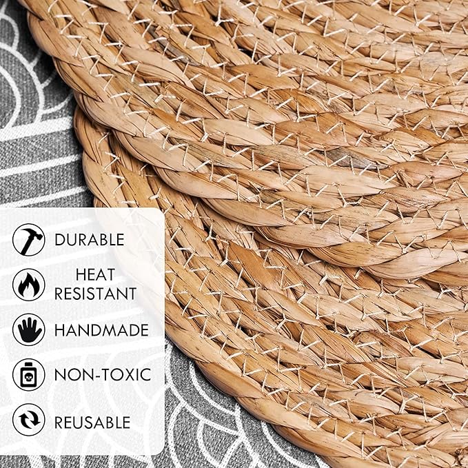 Defined Deco Woven Placemats Set of 4,12" Round Rattan Placemats,Natural Hand-Woven Water Hyacinth Placemats,Farmhouse Weave Place Mats,Rustic Braided Wicker Table Mats for Dining Table,Home,Wedding.