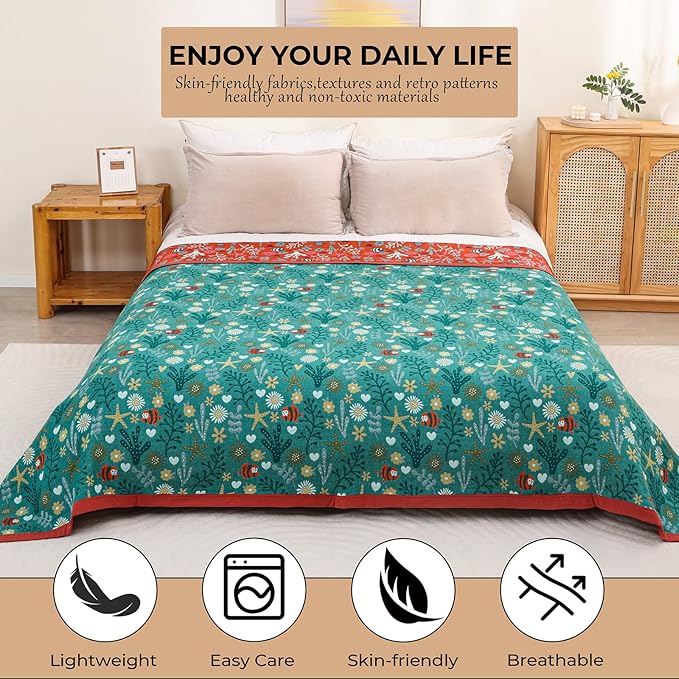 Boho Throw Blanket, 100% Organic Cotton Skin-Friendly Breathable Ultra Soft Bed Quilt Throw - All Season Blue & Red FishFarmhouse Decor Blanket for Sofa Couch Chair and Gift. 60" x 80"