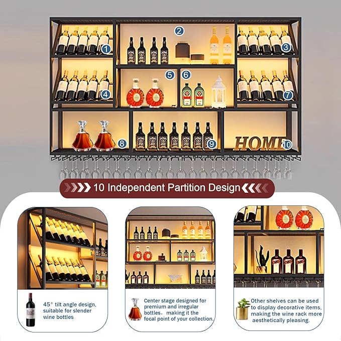 70.8Inch Wall Mounted Wine Rack, 3 Tiers Large Bar Shelves with 18 Glass Holder, Metal Wine Bottle Display Shelf, Modern Iron Liquor Shelf, for Kitchen Dining, Home Bar, Cellar (70.8" W)