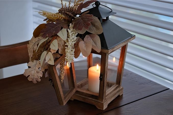 Fall Themed Decorative Wooden Hurricane Candle Lantern - Candle Holder Fall Decor for Home Farmhouse Indoor Outdoor Table Shelf - 14" Tall