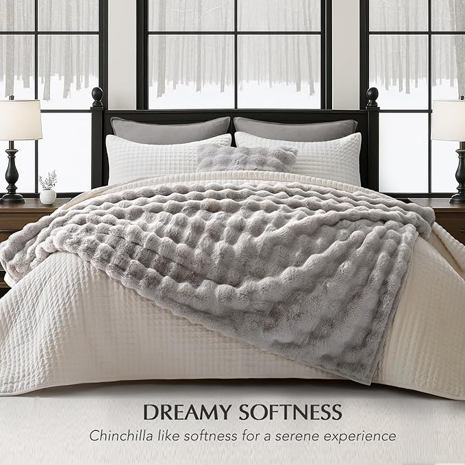 EVERGRACE Ultra Soft Luxury Fluffy Ridgeline Faux Rabbit Fur Throw Blanket, Thick Warm Bubble Throw for Bed, Cozy Plush Reversible Blankets for Couch, Chair, Sofa, Taupe, 50x60 Inches, 870 GSM