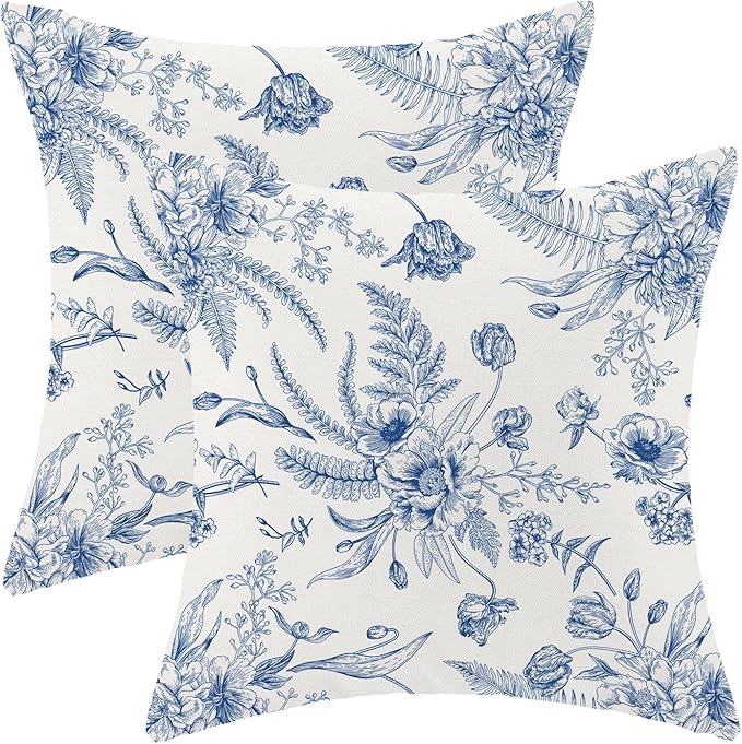 CXMEIFLY Spring Floral Leaves Pillow Covers 20 x 20 Inch Set of 2 for Chinoiserie Flowers Decor Throw Pillows Blue and White Seasonal Plant Outdoor Decorative Cushion Cases for Couch Bed Decorations