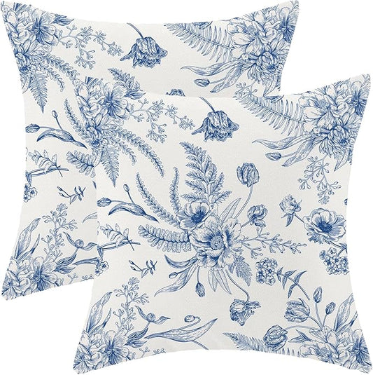CXMEIFLY Spring Floral Leaves Pillow Covers 20 x 20 Inch Set of 2 for Chinoiserie Flowers Decor Throw Pillows Blue and White Seasonal Plant Outdoor Decorative Cushion Cases for Couch Bed Decorations