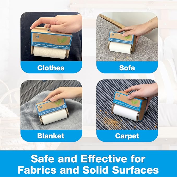 Blue Lake ECOLIFE Plastic-Free Lint Roller – 4-Pack (360 Sheets) | Extra Sticky & Eco-Lint Remover| Ideal for Clothes, Furniture & Carpet(4 Pack-360 Sheets)