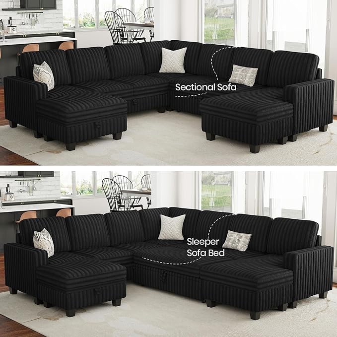 Belffin Oversized Sofa Bed Modular Sectional Sleeper Sofa with Pull Out Bed L Shaped Couch with Storage Chaise Black Couch