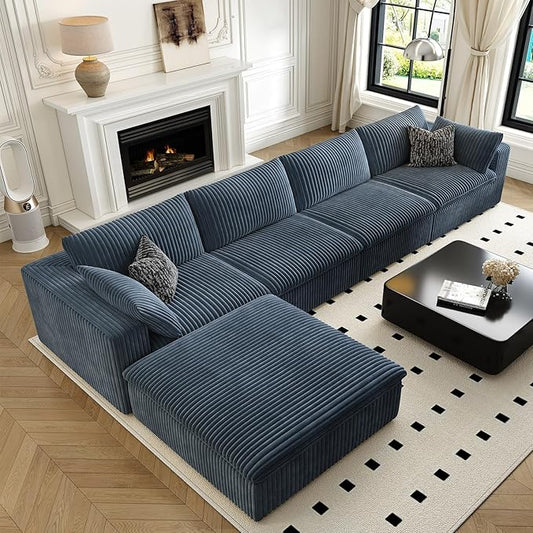 157.5" Cloud Couch Modular Sectional Sofa for Living Room,Modern Sofa with Deep Seat，L-Shape Boneless Couch with Ottoman,Comfy Upholstered Corduroy Couches for Apartment, Studio, Office,Bedroom，Blue