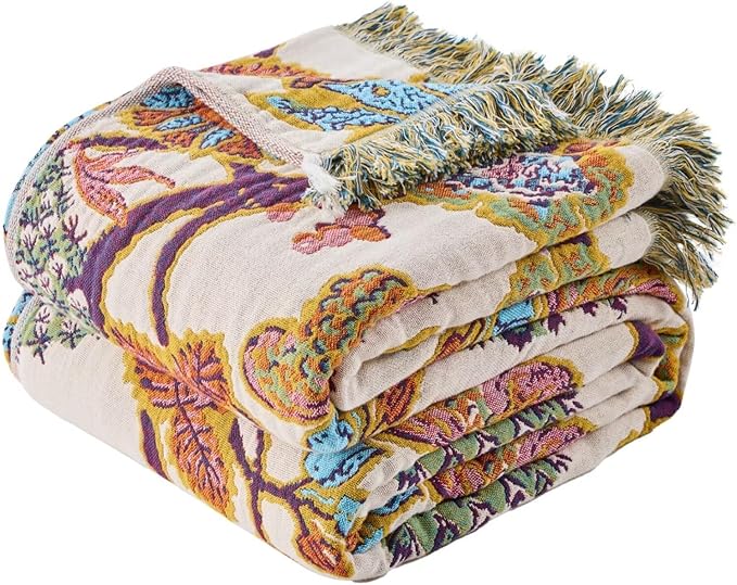 100% Cotton Summer Boho Throw Blanket, King Size Living Room Reversible Blanket, Boho Floral Bird Colorful Retro Quilt Ultra Soft Reversible Gauze Blanket for All Season, 90"x98"