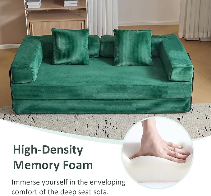 Convertible Sleeper Sofa Bed, Compression Folding Sofa with Pillow, No Assembly Required, Shape Frame, Floor Sofas Lounge Couch for Living Room, Bedroom, Small Spaces(Corduroy, 77''W, Dark Green)