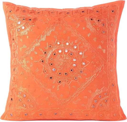 Eyes of India Embroidered Decorative Boho Throw Pillow Cover with Mirrors, Handmade Bohemian Accent Cushion Case for Sofa Couch Bedroom Living Room (Orange, 24" x 24")