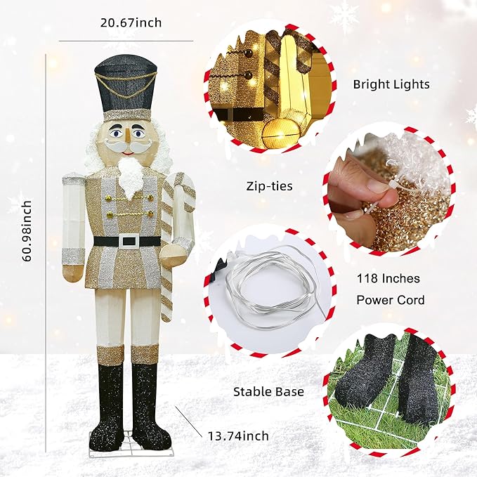 61Inch Nutcracker Christmas Decor Outdoor with LEDs 5 Feet Lighted Large Nutcracker Lighted Christmas Decorations Outdoor with Stakes & Zip Ties for Xmas Yard, Porch, Lawn