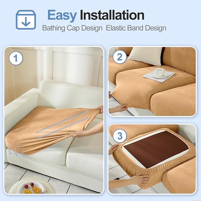 Couch Cushion Covers Individual Large Super Stretch Chenille (Softer Version) Sofa Cushion Covers, Couch Seat Covers Couch Slipcovers Furniture Protector (3PC, Khaki)