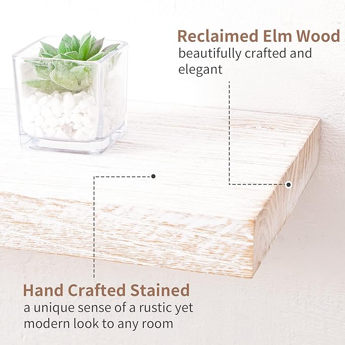 Axeman Floating Shelves for Wall, Rustic Elm Wood 48''W x 8" D Wall Shelf with Invisible Bracket, Large Long Wall Mounted Storage Shelves for Living Room, Bedroom, Kitchen, Bathroom Decor, White Wash