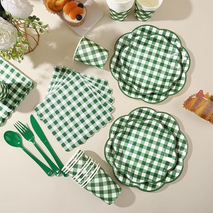 175 Pcs Green Gingham Plates and Napkins Party Supplies - Green and White Checkered Plates Sets Serve 25 Guests - Scalloped Gingham Paper Plate for Birthday Picnic BBQ Golf Party Decorations