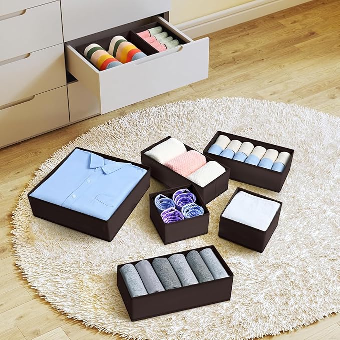 DIMJ Drawer Organizer 15 Pack - Foldable Baby Organizers and Storage & Dresser Organizer for Nursery, Bedroom, Closet - Nursery Organization Dresser Dividers for underwear, Sock, Bra, Belt, Tie, Brown