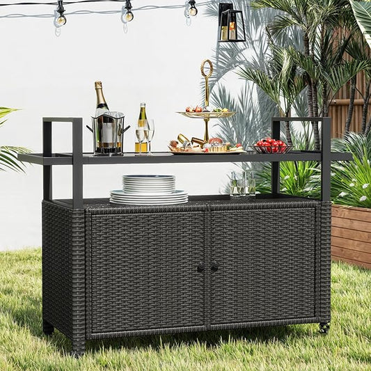 DWVO Patio Bar Table,Outdoor Kitchen Island with Glass Top,Rattan Patio Storage Cabinet with Wheels,Bar Cart for Poolside and Backyard,Black