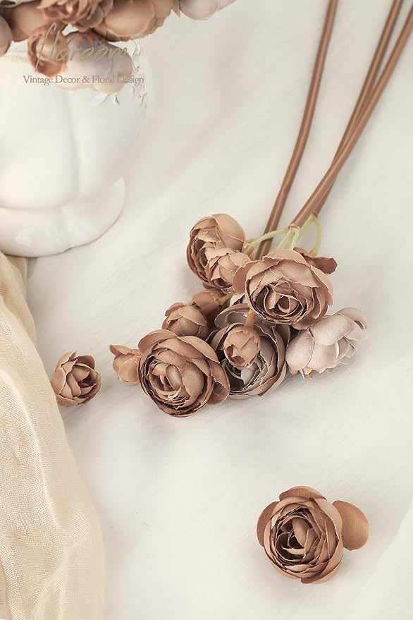 Floroom Ranunculus Artificial Flowers 18 Pcs Taupe Brown Faux Silk Mini Ranunculus Bulk Fake Wedding Filler Flowers for DIY Bouquets, Centerpieces, Bridal Shower Decorations & Arrangements