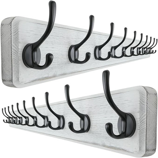 Dseap Wall Mounted Coat Rack: 38-1/4" Long, Patented, Heavy-Duty, 10-Double-Hooks Wooden Hanger Rail for Winter Coats, Hat, Jacket, Clothing - White & Black, Pack of 2