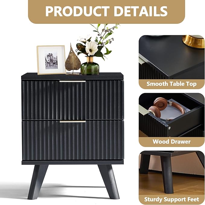 Fluted Nightstand Set of 2, Mid Century Modern 2 Drawer Dresser for Bedroom, Small Dresser Night Stand Side Table End Table with Wood Fluted Drawer Storage for Bedroom Closet(Black)
