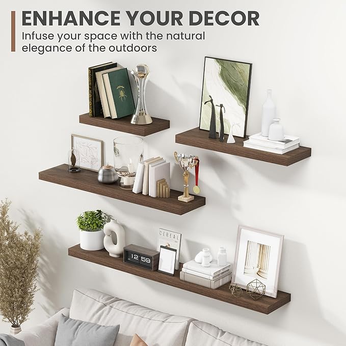 30 Inch Floating Shelves, 8 Inch Deep Floating Shelves for Wall, Hanging Shelf with Invisible Brackets, Deep Shelves for Bathroom, Bedroom, Living Room, Walnut, Set of 2